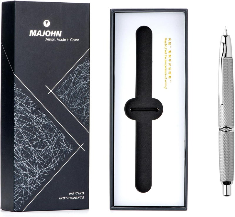 erofa Majohn A1 Retractable Fountain Pen with Box, Press Extra Fine Nib Metal White Grid Ink Pen with Converter Writing Set (With Clip Version) - Image 3